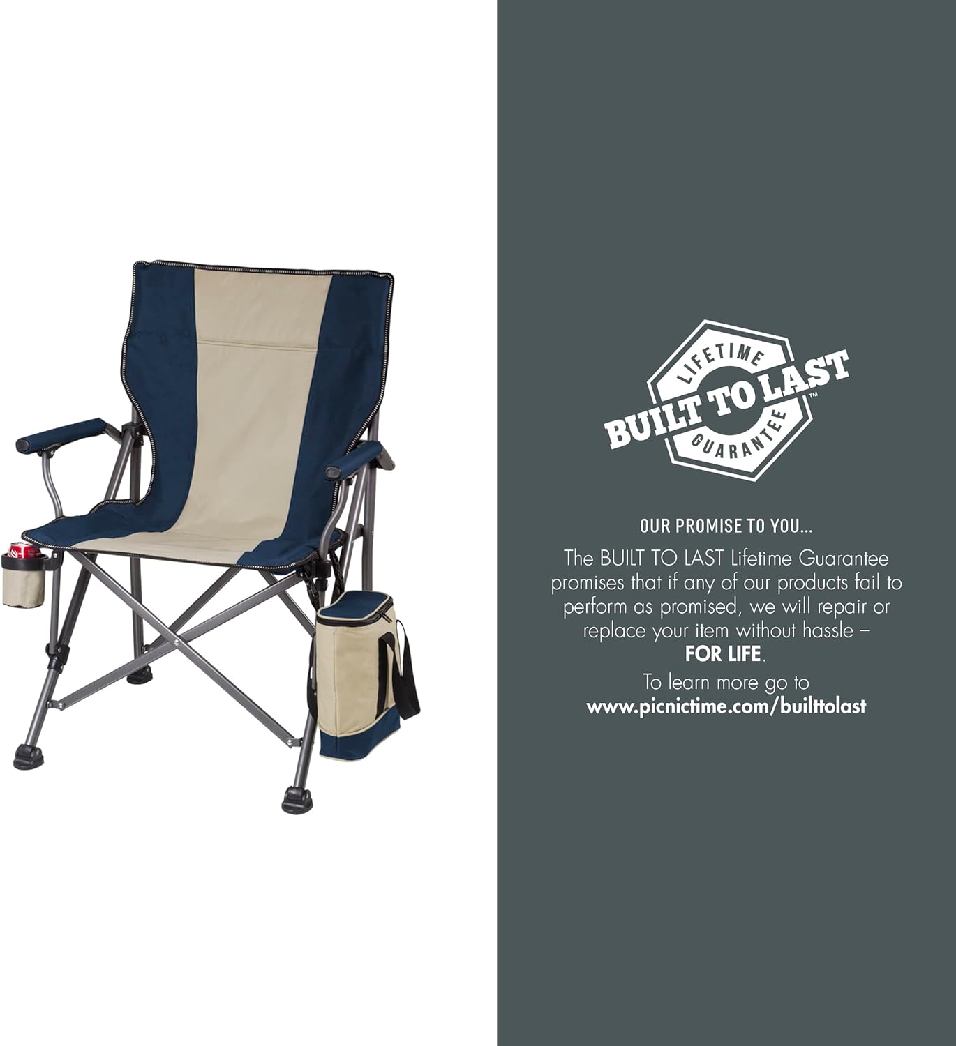 PICNIC TIME Outlander XL Heavy Duty Folding Camping Chair with Insulated Cooler, Oversized Portable Lawn, Beach & Camp Chair with Cup Holder, Storage Pocket, Carry Bag, 400 lb Capacity (Black)
