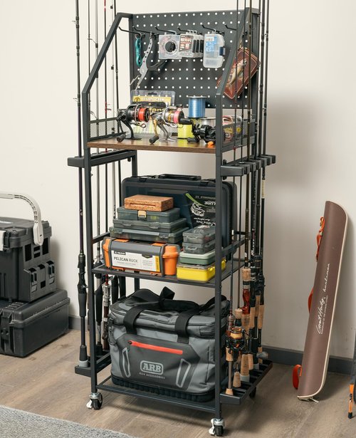 SOYEEZE Fishing Rod Holders for Garage, 3-Tire Fishing Pole Rack with Pegboard and Hooks, Fishing Gear Tackle Box Organizer Up to 12 Rods, Rolling Fishing Storage Cart with Lockable Wheels