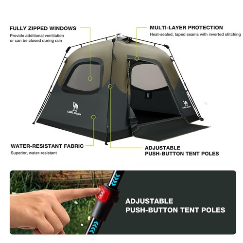CAMEL CROWN Instant Tents for Camping 4-6 Person Tent Waterproof Easy Setup Sets Up in 60 Seconds Backpacking Tents with Carry Bag for Outdoor Hiking Sandy Brown