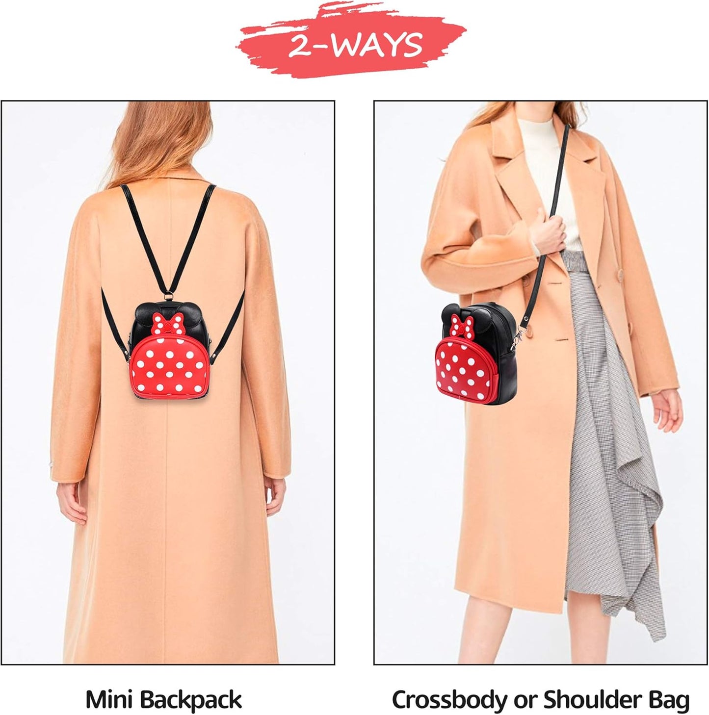 Minnie Polka Dot Backpack Small 2-in-1 Crossbody bag Mini Backpack - Multifunction Makeup Travel Mini Handbag with Long Shoulder Adjustable Strap PU Leather for Women Girls (Red/Black)