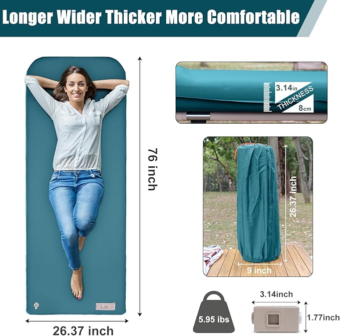 Self Inflating Sleeping Pad with Electric Pump, 3.14" Ultra-Thick Memory Foam Camping Mattress Pad with Pillow Fast Inflating in 30s,9.5 R-Value Insulated Camping Pad for Camping Car Travel, Blue