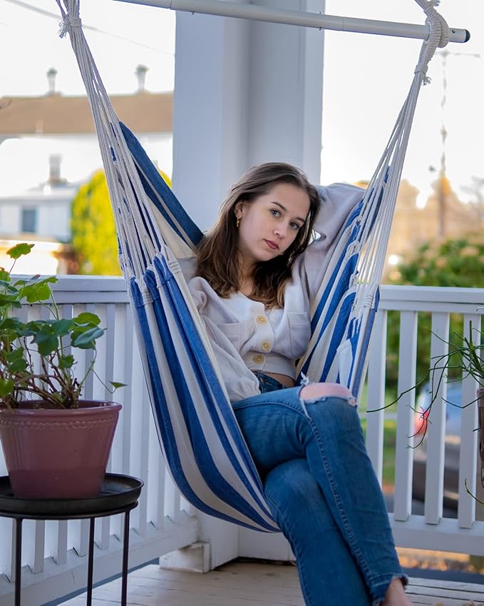 ADVOKAIR Hammock Chair Swing (500 lbs Max) - Hanging Hammock Chair Rope Swing Indoor for Bedroom, Outdoor, Patio, Bedroom, Porch, Deck - Sturdy Steel Bar with Anti-Slip Safety Rings