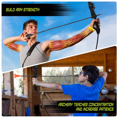 CrazyMouse Bow and Arrow for Teens Beginners Adults Recurve Bow Set 8 Arrows 5 Target Face Archery Longbow Kit Backyard Games Gift for Outdoor Sports (Black Archery Bow Set)