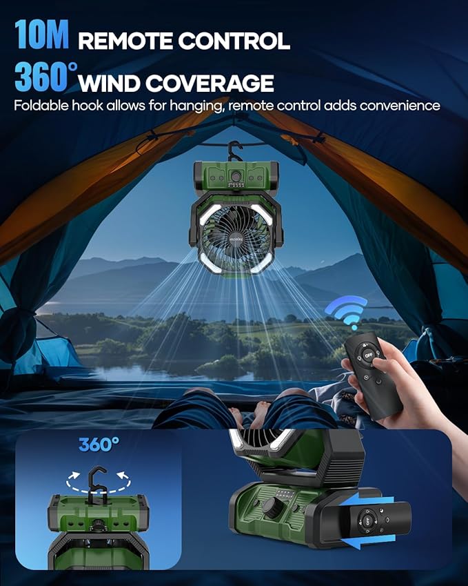kejector Battery Powered Fan - 24000mAh 3-in-1 Portable Camping Fan Rechargeable with LED Lights, USB C, Auto Oscillating Portable Fan for Tents, Travel, BBQ, Fishing, Home, Office, Camper Essentials