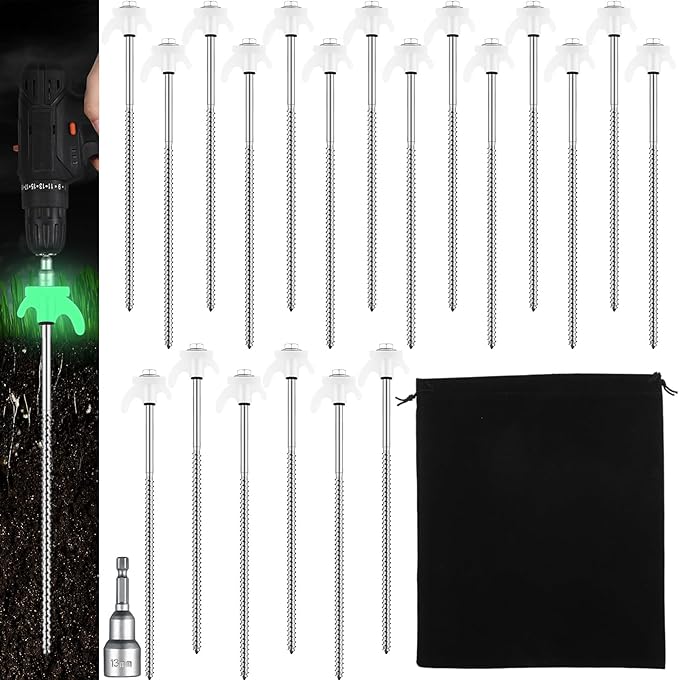 JaGely 40 Pcs 12 Inch Tent Stakes Heavy Duty Ground Anchors Metal Threaded Tent Spikes Non Rust Camping Stake Tent Pegs Screw with Hex Head Driver for Camping Yard Decor Outdoor (Luminous White)