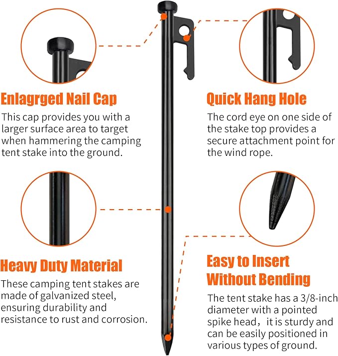 Eurmax USA 10 inch Multiuse Heavy Duty Steel Tent Stakes Tarp Pegs Camping Stakes for Outdoor Camping Canopy and tarp with 4 Ropes 10FT Length,4pcs(Black)