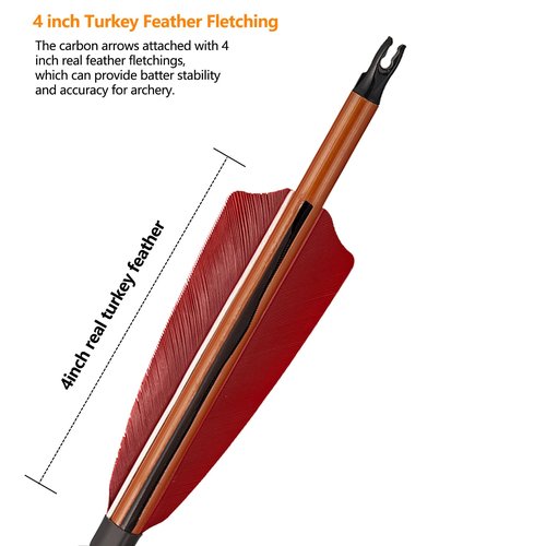 TOPARCHERY Premium 30" Carbon Hunting Arrows with 4" Real Turkey Feathers Fletching and Removable Tips - 500 Spine Practice Target Arrows for Compound & Recurve Bow Long Bow -12Pcs (Brown Shaft)
