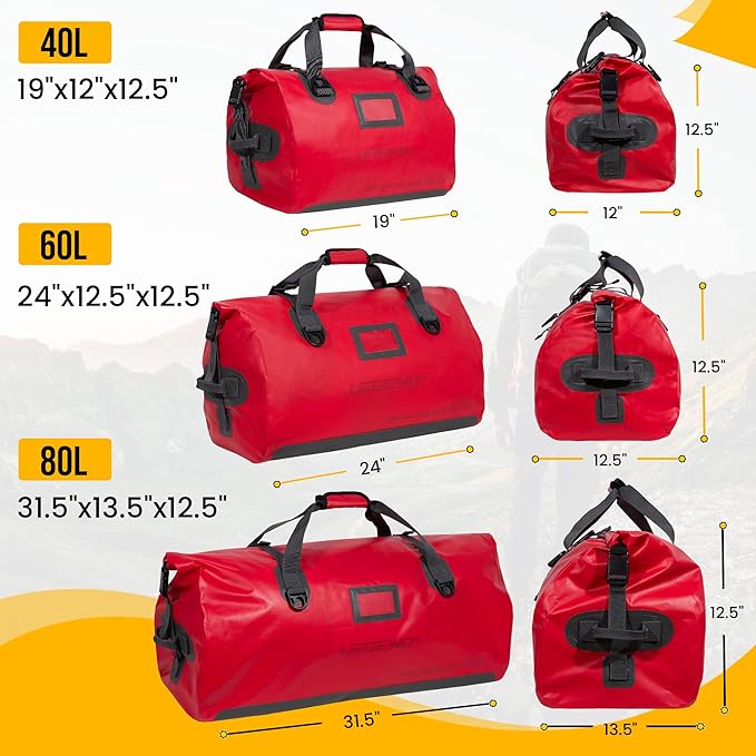 LEGEND Waterproof Duffel Bag - Heavy Duty Duffle Bag for Outdoor, Camping, Boating & Travel, Premium PVC Dry Duffel Bag, Motorcycle Dry Bag with Durable Strap & Handles with Large Storage - 40L Red