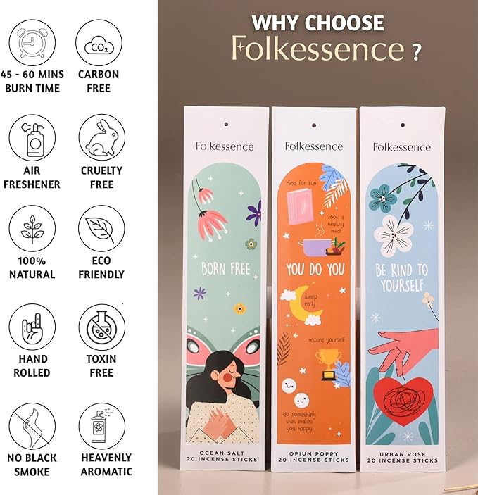 Folkulture Incense Sticks - Set of 6 (120 Sticks) for Relaxation - Green Tea, Rose and Geranium, Natural and Non Toxic, Organic and Slow Burning Inscent, Insense Sticks (Self Love Club)