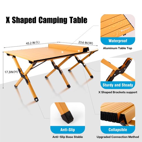 rollingsurfer Folding Camping Table, Lightweight Roll-Up Table Aluminum Low Portable Picnic Table with Carrying Bag for Outdoor, Beach, Picnic, Backyards, BBQ and Party, 45.2''D x 23.6''W x 17.3''H