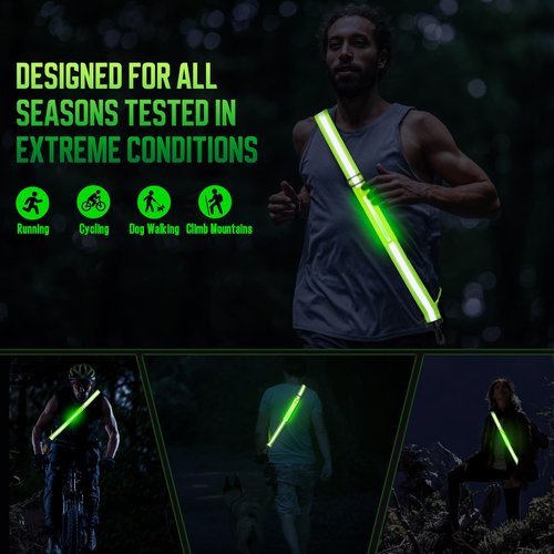 OMKHE LED Reflective Sash Safety Gear, Running Lights for Runners at Night, High Visibility USB Rechargeable Light for Jogging Running Cycling Walking Motorcycle (Green)