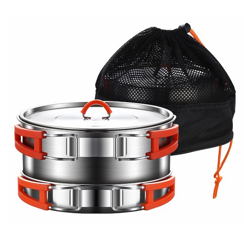 Camping Cooking Set,Camping Cookware Set,304 Stainless Steel Camping Pots and Pans Set, Includes Pot Nonstick Frying Pan Kettle in Mesh Bag for Hiking Outdoor Cooking Backpacking for 1-2 People