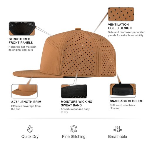 FEINION Men Flat Brim Adjustable Performance Hat Snapback Laser Perforated Baseball Cap (Brown)