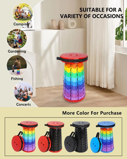 RizzQi Upgraded Collapsible hickened Portable Camping Stool with Adjustable Height and Retractable for Fishing, Hiking, BBQ, Concert Party, Outdoor (Rainbow Red)
