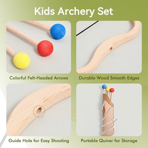 WOODEN TEETHER Kids Bow and Arrow Set，Wooden Toy Bow and Arrow for Kids 4-6 Archery Set Includes 3 Arrows, 3 Targets and Quiver,Indoor & Outdoor Play for Children Boys & Girls