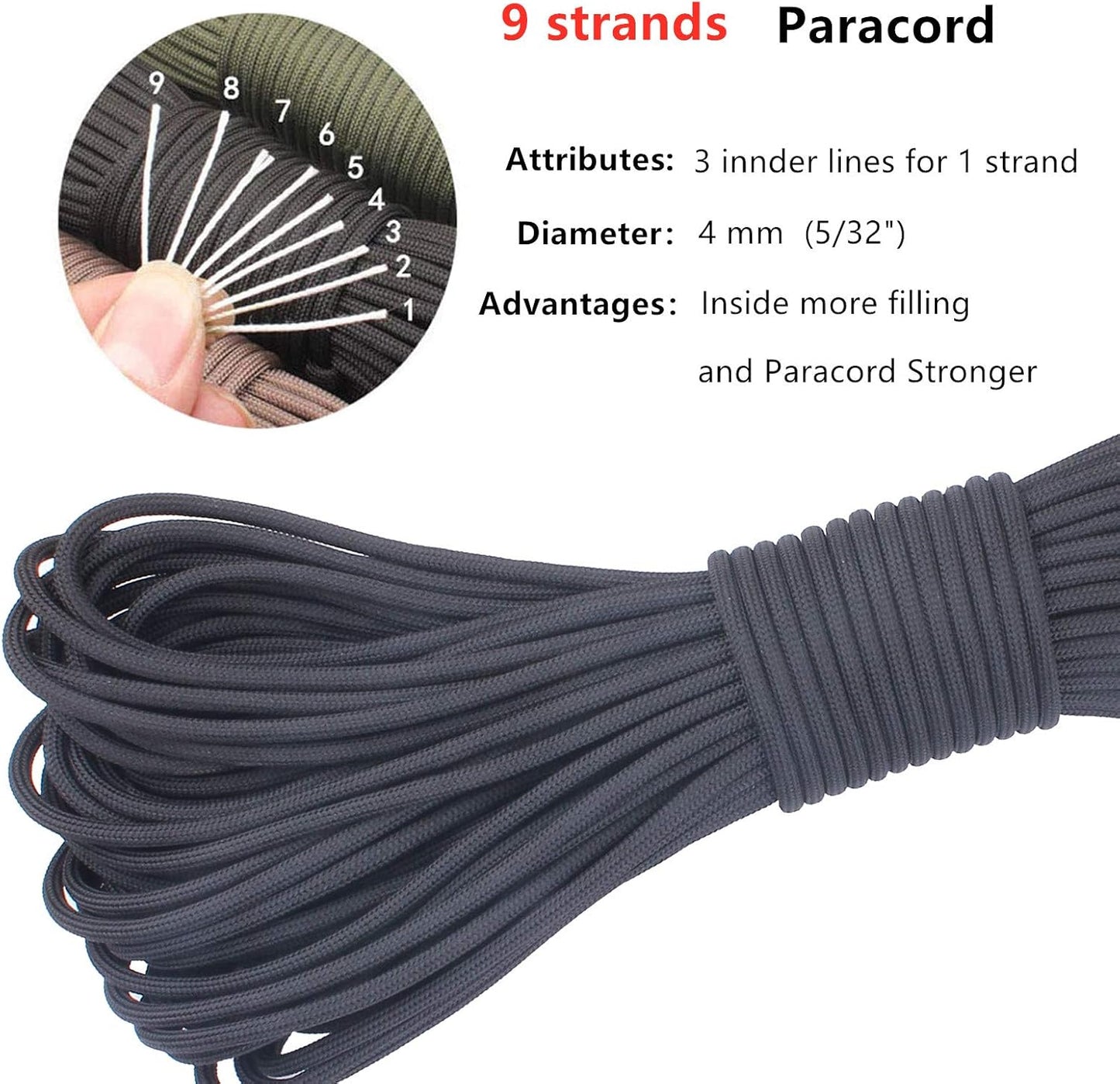 Paracord 9 Core 550 Parachute Cord Camping Rope 100FT (Black, 100feet)