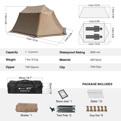 OneTigris Scarecrow Hot Tent, 3000mm Waterproof, Lightweight Weatherproof Tent with Stove Jack for Bushcrafters, Survivalists, Camping, Hiking, Car Trips