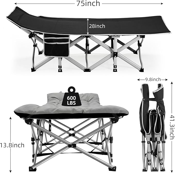 Portable Camping Cot, Sleeping Cots for Adults, 28" Extra Wide Folding Cot Max Load 600LBS with Thick Mattress, Portable Camping Bed for Outdoor Camp/Office, Home Nap (Black+Grey)