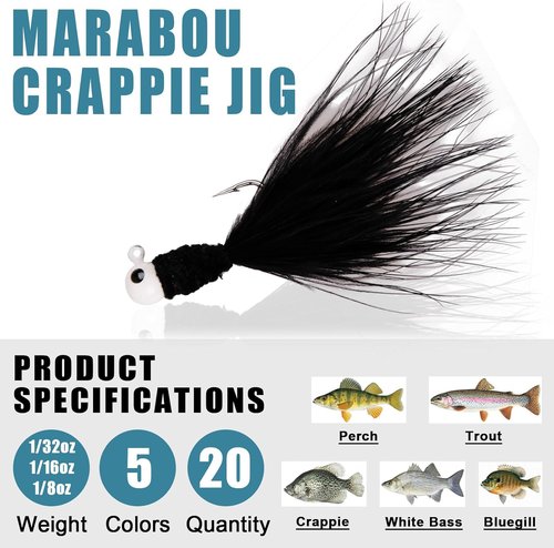 Crappie Jigs Marabou Feather Hair Jigs Bass Fishing Lure Jig Heads Hook for Crappie Trout Walleye Panfish 1/8oz 1/16oz 1/32oz