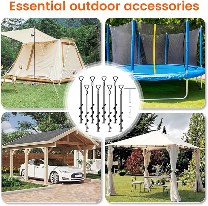 Ground Anchors Screw in Tent Stakes Heavy Duty Trampoline Stakes High Winds, Ground Anchors for Camping Tent, Canopies, Carports, Sheds, Swing Sets, Canopy Stakes Kit, Mobile Home Anchors 8 Pack