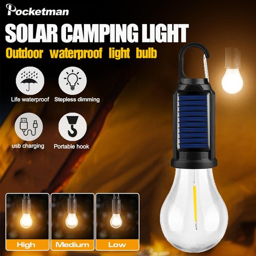 Solar Tent Camping Light Bulb Rechargeable Portable LED Camping Lantern3 Lighting Modes Tungsten Light Tent Lamp with Clip Hook for Camping, Hiking, Backpacking, Emergency Outage (T02)