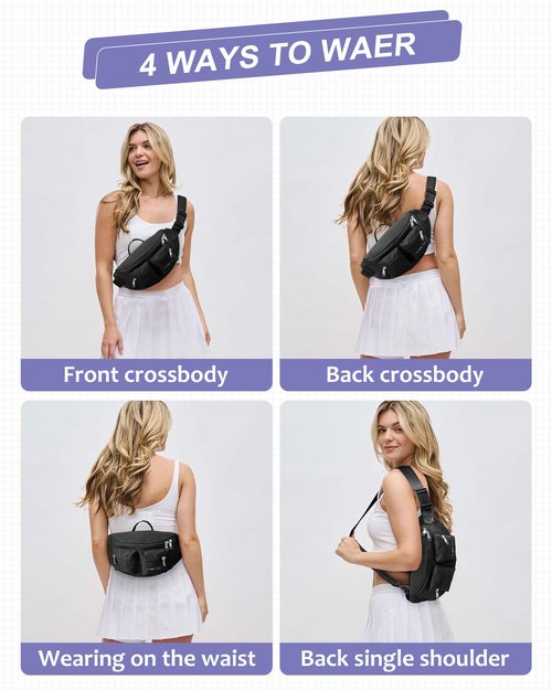 SEAFEW Black Fanny Packs for Women Men, Belt Bag with Mult Zipper Pockets, Waterproof Crossbody Bag, Fashion Waist Packs with Adjustable Long Strap for Workout Running Yoga Shopping Hiking