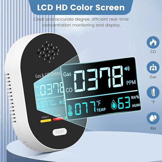 Carbon Monoxide Detectors,Plug in CO and Natural Gas Detector, Combination Gas & Carbon Monoxide Detectors for Travel with Temperature Humidity Display, 4 in 1 CO & Gas Detector for Home/Travel-Black
