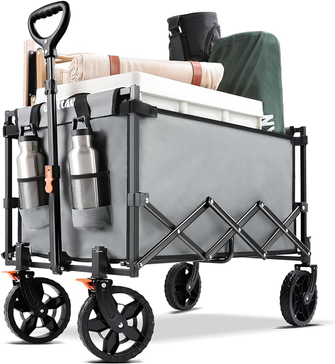 140L Collapsible Wagon Cart Foldable, Portable Folding Wagon with Silent Universal Wheels, Utility Grocery Cart for Camping Sports Shopping, Grey