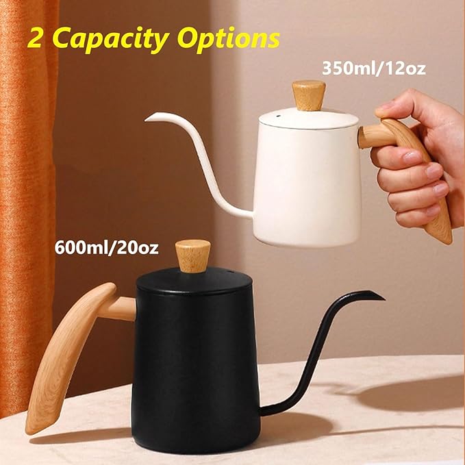 Pour Over Coffee Kettle Gooseneck Tea Pot 304 Stainless Steel Hand Coffee Maker Kettle-Barista Pour Control Design,Wood Handle and Long Narrow Spout Camping Kettle(Color: white,Size:12oz)