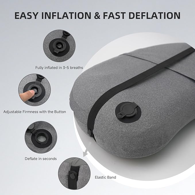 Ultralight Camping Pillow Inflatable with Removable Washable Cover, Compact Travel Pillow for Neck Support, Hiking, Backpacking, Office, Airplane, Car & Beach - Adjustable Firmness(Grey)