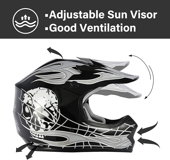 TCT-MOTORPARTS DOT Youth Kids Motocross ATV Helmets Four Wheeler Offroad Street Dirt Bike Go-Kart BMX MX Full Face Helmet Black Skull Samll Size