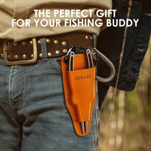 Hikolit Fishing Pliers Sheath with Spring Steel Belt Clip and Coiled Lanyard, Cowhide Leather Holsters for Most Fishing Pliers