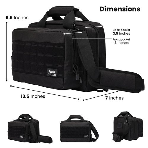 TUVALOR Gun Range Bag for 2 Pistols & Ammo - Spacious Design, with Two Handgun Pockets, Six Magazine Holders, Large Front Pocket and Padded Strap - Gun Bag with 3 Gun Cleaning Towels