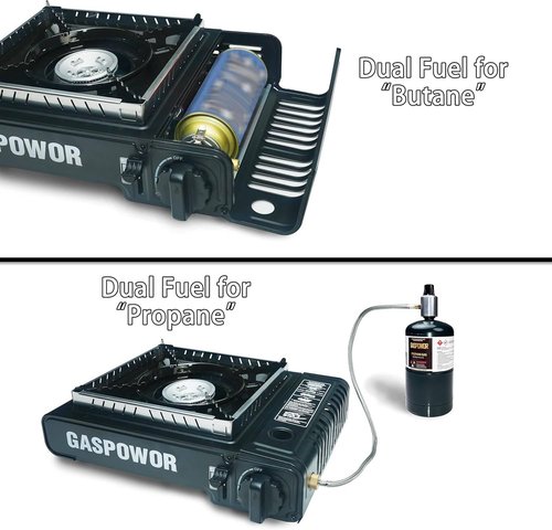 Dual Fuel Camp Stove with Windblocker, Propane or Butane Stove10000 BTU With Propane Adapter Hose and Carrying Case Propane Stove for Camping,Gas Portable Stove for Huting, Hiking（Fuel not included）