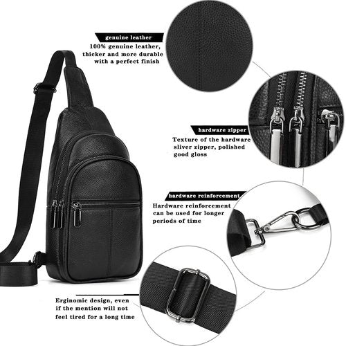 Small Leather Sling Bag Crossbody for Men Women One Strap Shoulder Cross Body Bag Sling Backpack for Travel, 9342 Black