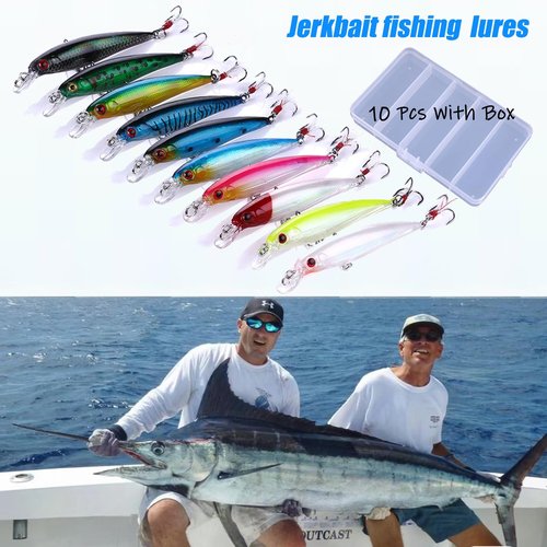 LURESMEOW Jerkbait Fishing Lures, Top Water Bass Fishing Lures - 10pcs with Box