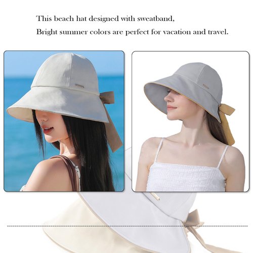 huablo Wide Brim Hats for Woman Foldable Hats Sun Hats for Women uv Protection Bowknot Fishing hat Adjustable hat with Ponytail Hole Beige