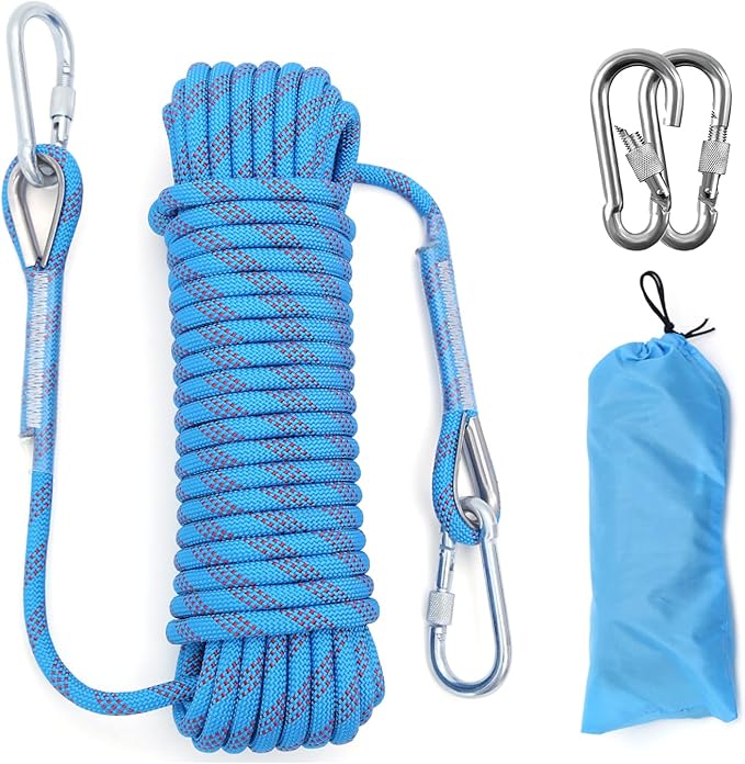 10mm/12mm Climbing Rope, Outdoor Static Rock Climbing Rope, Tree Climbing Rappelling Rope, Escape Nylon Rope, Ice Climbing Equipment Fire Rescue Parachute Rope with 2 Steel Hooks