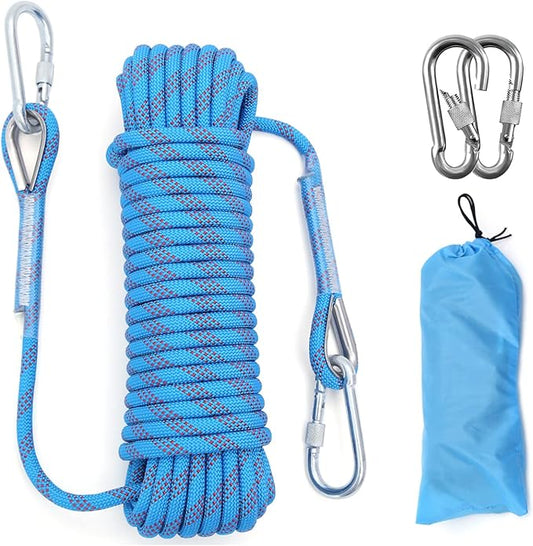 10mm/12mm Climbing Rope, Outdoor Static Rock Climbing Rope, Tree Climbing Rappelling Rope, Escape Nylon Rope, Ice Climbing Equipment Fire Rescue Parachute Rope with 2 Steel Hooks