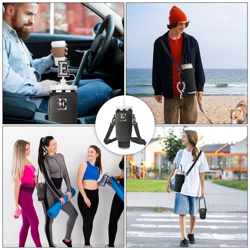 Initial Water Bottle Carrier with Strap for Stanley Tumbler Accessories 40oz 30oz, Stanley Cup Holder with Purse, Charms & Name Plate for Lid & Straw Toppers, Graduation Gifts (E, Black)
