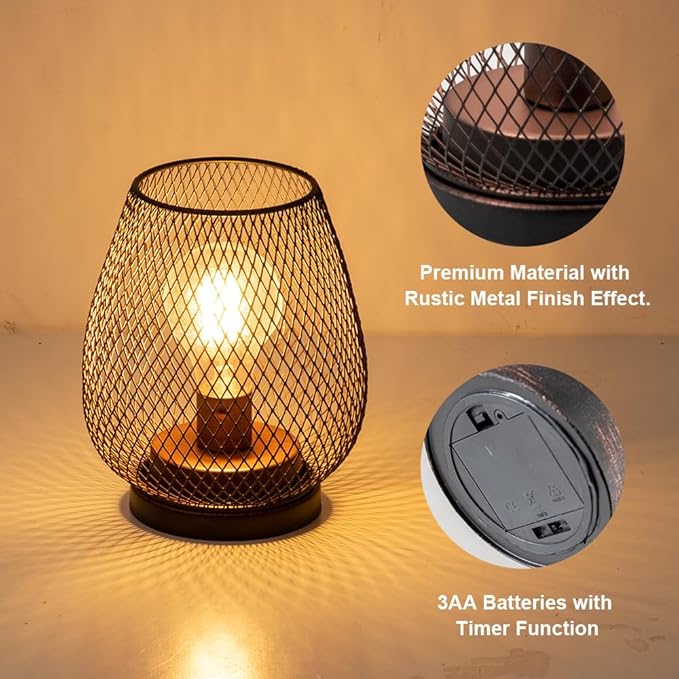 DECORKEY Set of 4 Battery Operated Lamp LED Table Lantern, Brown Metal Cage Cordless Lamps with LED Bulb，Vintage Decorative Outdoor Lantern for Weddings, Parties, Patio, Events for Indoors Shelf Decor