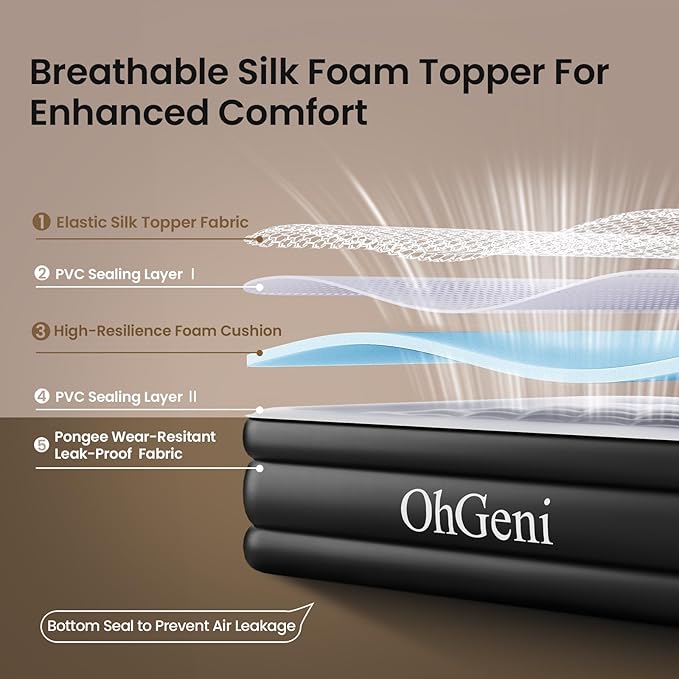 OhGeni 18" Luxury Full Air Mattress with Built-in Pump, Inflatable Bed with Silk Foam Topper for Superior Comfort, Premium Blow-Up Mattress for Home, Camping & Guests, Easy Setup, Extra Support, Black