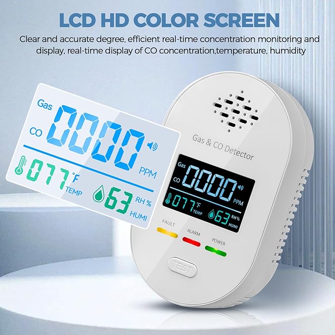 Carbon Monoxide Detectors,Plug in CO and Natural Gas Detector, Combination Gas & Carbon Monoxide Detectors for Travel with Temperature Humidity Display, 4 in 1 CO & Gas Detector for Home/Travel