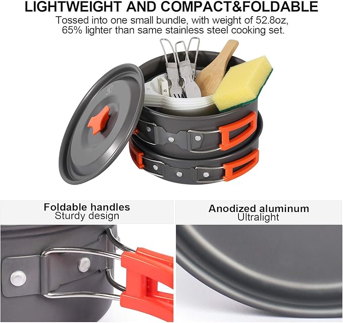 REDCAMP 12/14/15/19 PCS Camping Cookware Mess Kit Camping Gear Campfire Utensils Lightweight Stackable Pot Pan Bowls Soup Spoon with Storage Bag for Camping, Backpacking, Outdoor Cooking, Picnic