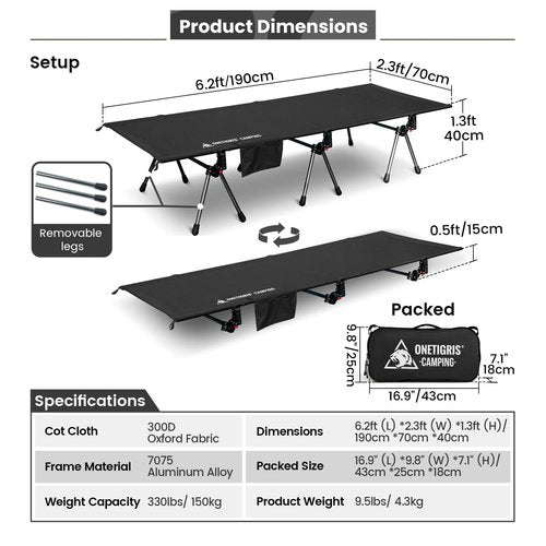 ONETIGRIS SUPRANUBIS Camping Cot, Height Adjustable with Cot Leg Extenders, Strong Support 330lbs, Lightweight Comfortable Folding Bed for Camping, Hiking, Travel, Truck, Beach, Office Nap