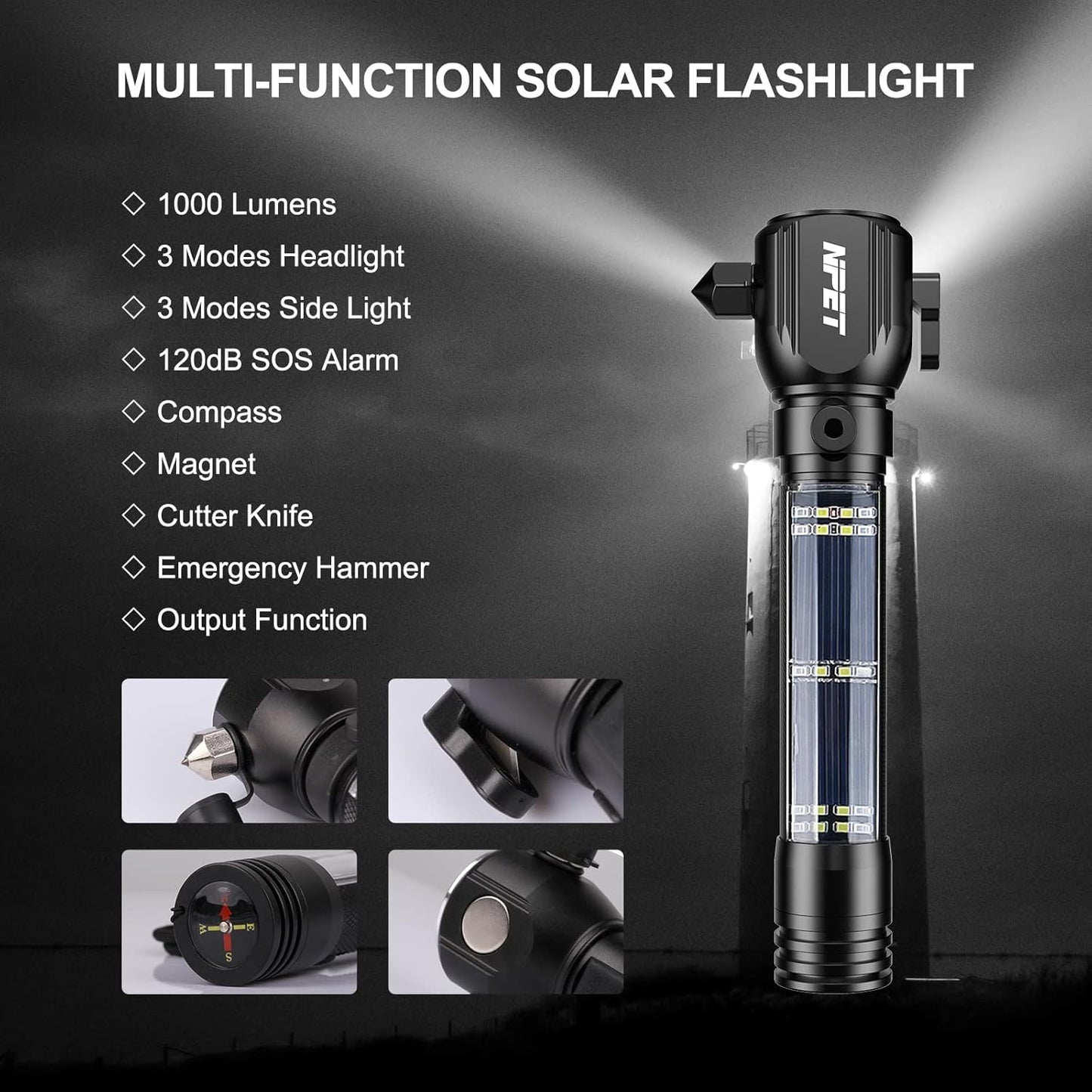 NPET T10 Car Flashlight 500 Lumens LED COB Light Solar Powered USB Rechargeable Tactical Multi-Function Torch Tool with 120dB Siren Window Breaker Seat Belt Cutter Compass for Camping