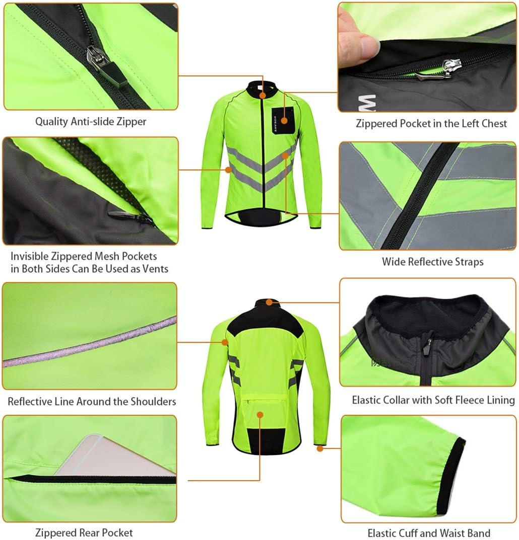 WOSAWE Men's High Visibility Cycling Wind Jacket Water Resistance Reflective Windbreaker