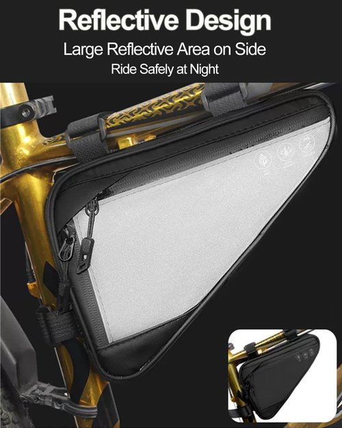 Danuosie Bike Frame Storage Bag, Water Resistant Bicycle Triangle Bag with Two Side Pockets, Reflective Under Seat Tool Accessories Pouch, Front tube Bag for Mountain Road Bike, MTB, 2L