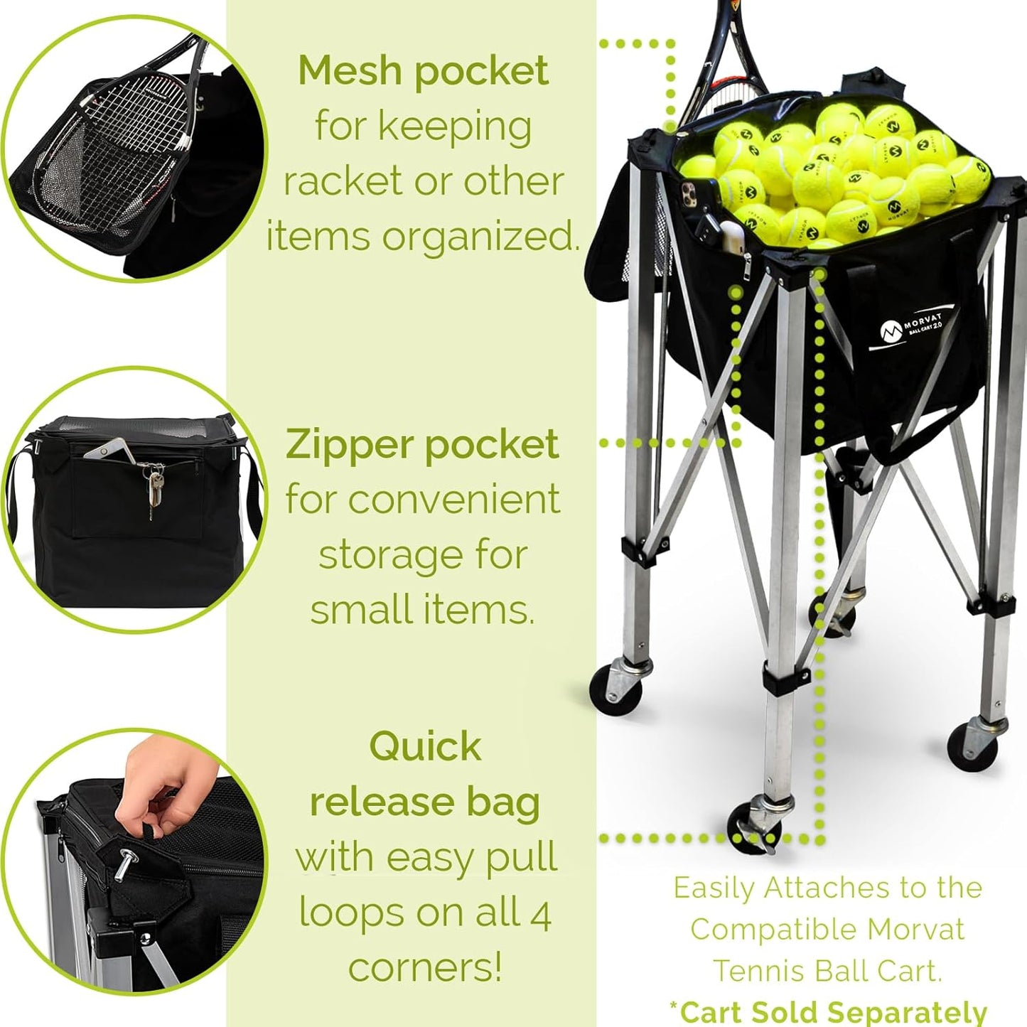 MORVAT Professional Tennis & Pickle Ball Hopper Holds 165 Balls Heavy-Duty Pro Sports Practice Cart, Foldable Portable Compact & Lightweight Zippered Pocket & Racket Holder, Carry Bag + 3 Tennis Balls