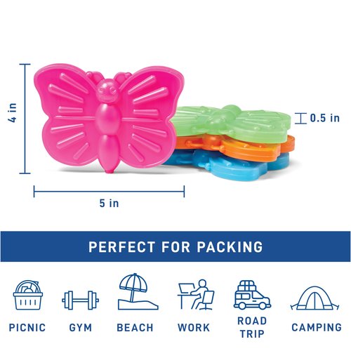 Fit & Fresh Cool Coolers Kids Lunch Box Ice Packs, Slim Ice Packs for Lunch Bags, Multicolored Penguin and Butterfly Set, 8PK